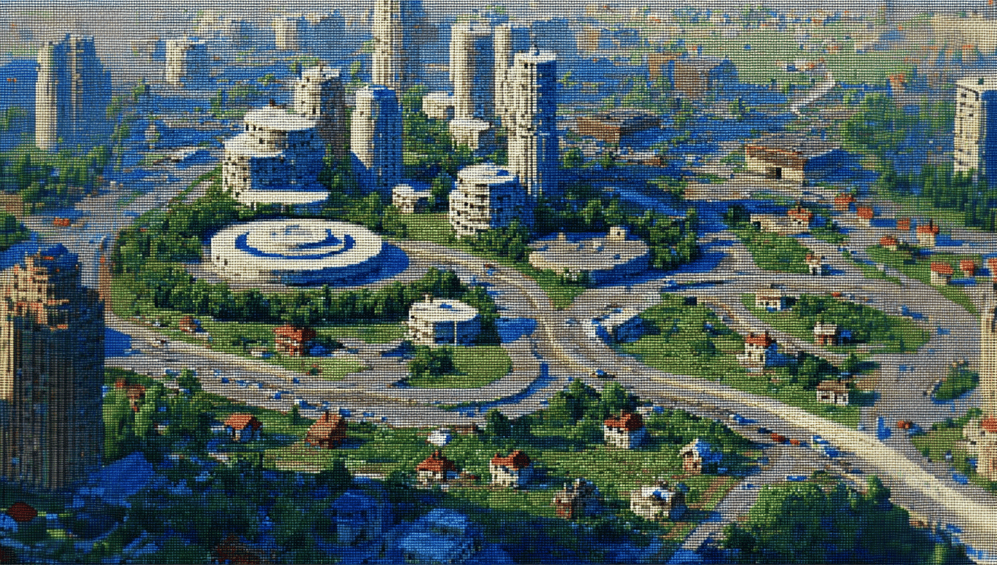 An isometric illustration of a futuristic cityscape with homes spreading outward