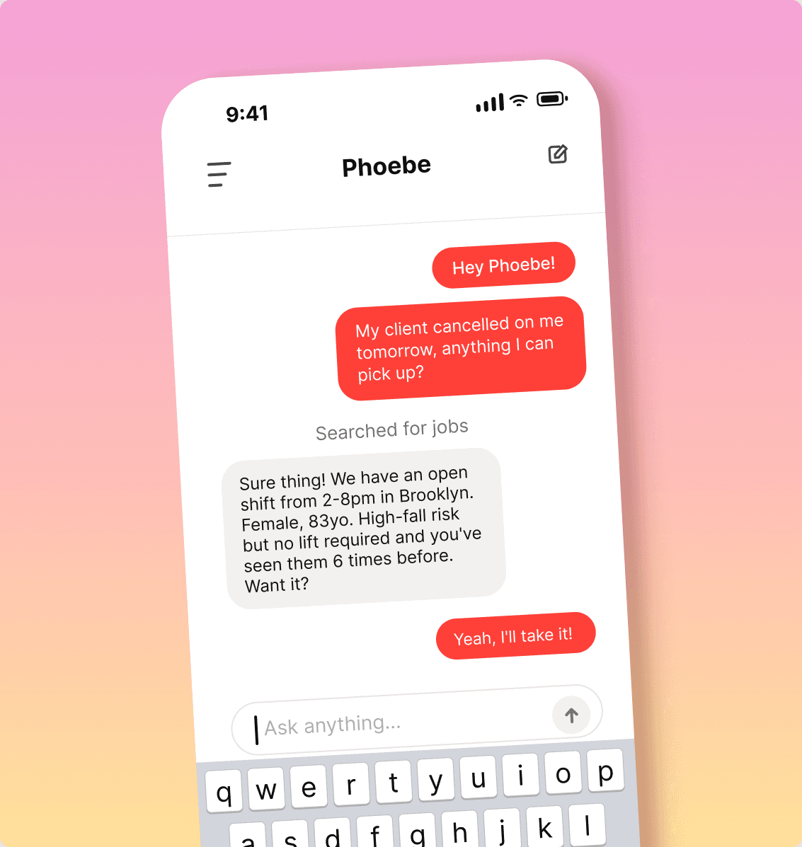 Phoebe offering a caregiver an open shift on a phone