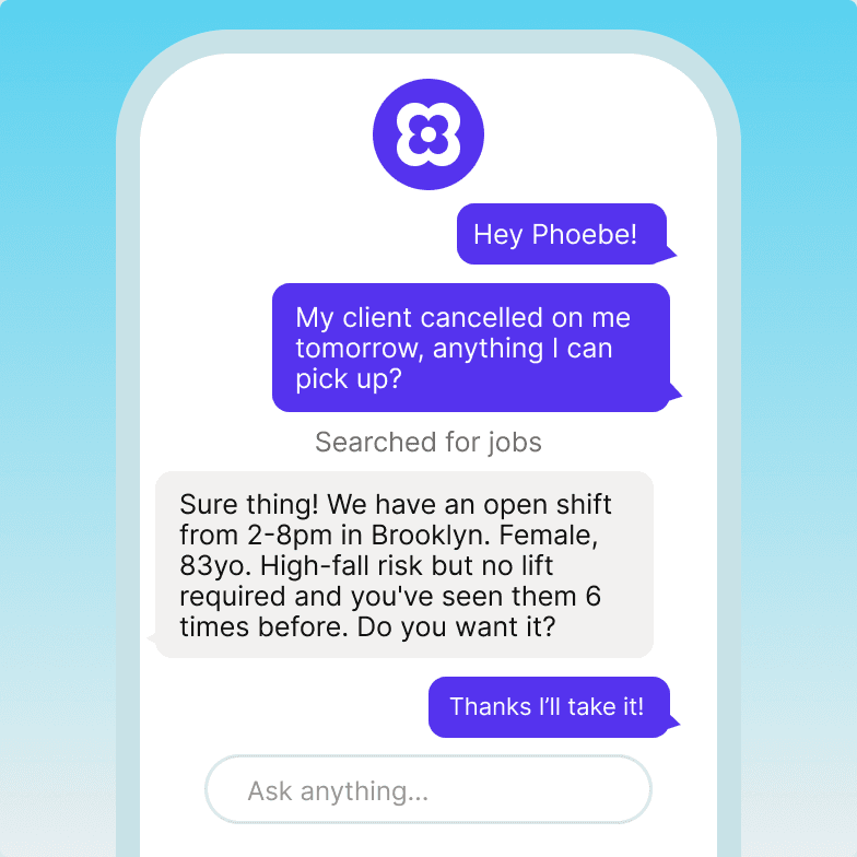 Phoebe offering a caregiver an open shift on a phone