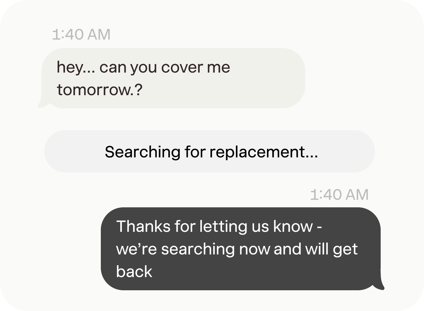 A 1:40am caregiver text asking for coverage, answered immediately by Phoebe