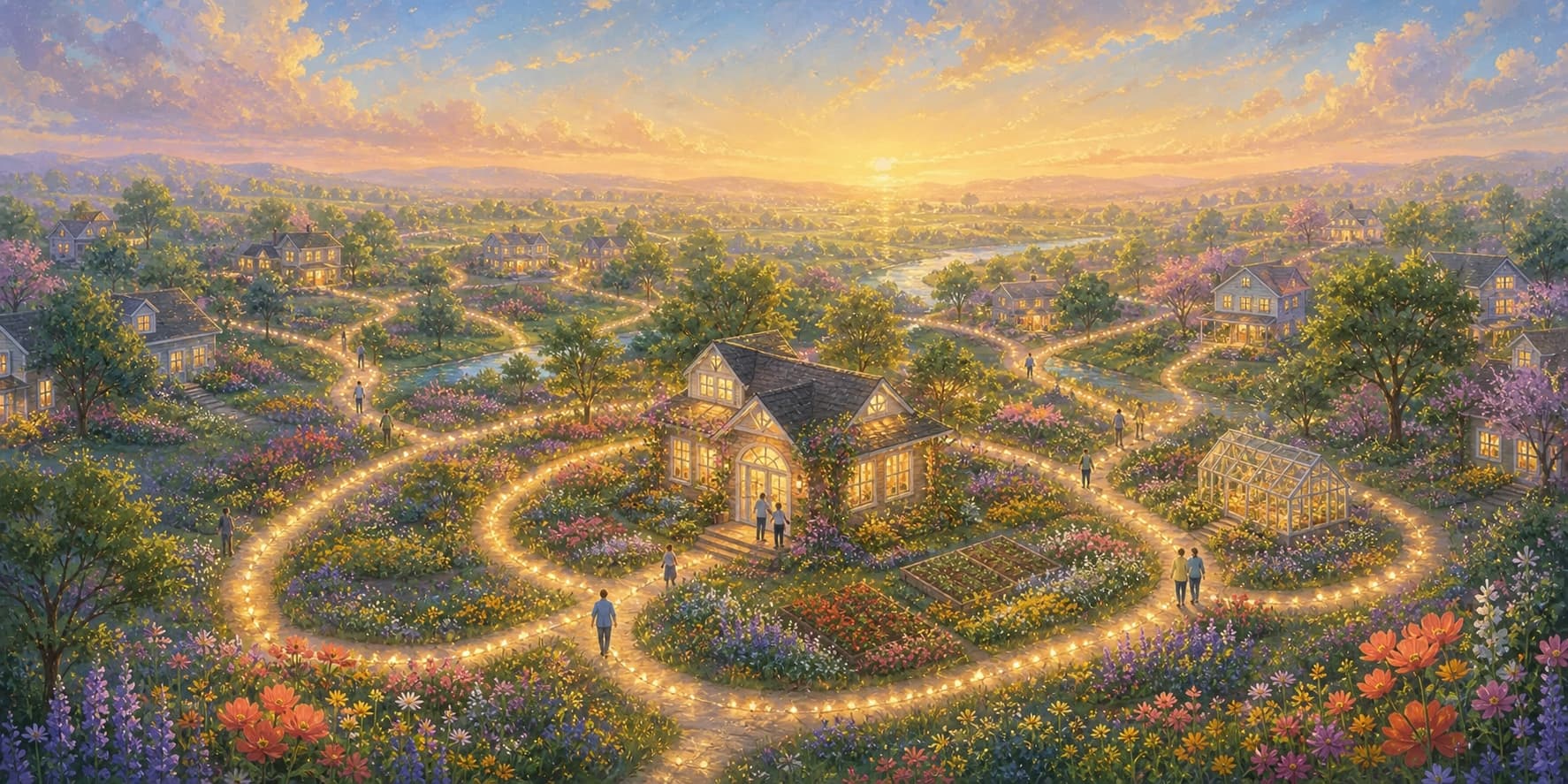 A warmly lit homecare office at the center of a living garden-town, with illuminated paths connecting caregivers and nearby homes
