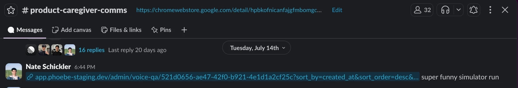 Slack thread in the product-caregiver-comms channel sharing a super funny simulator run