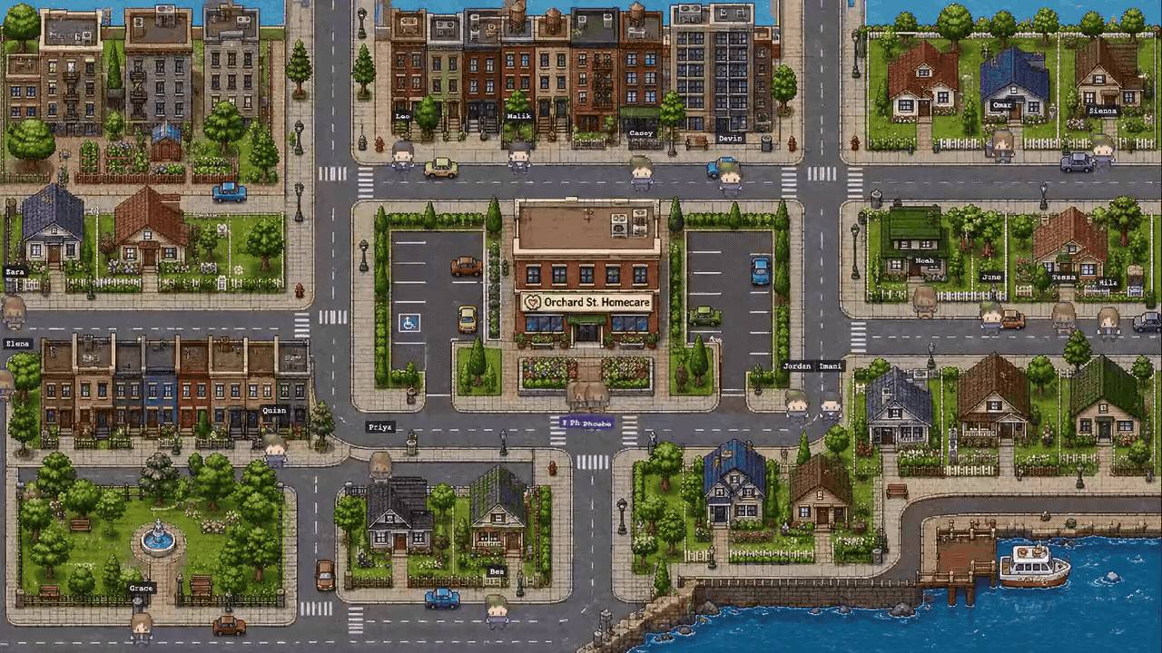 A smooth looping replay of Orchard Street Homecare's simulated world, with AI caregivers moving through the town